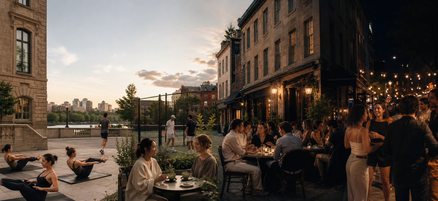 A day of Pilates, running, tennis, matcha, dinner and a lively night in the city