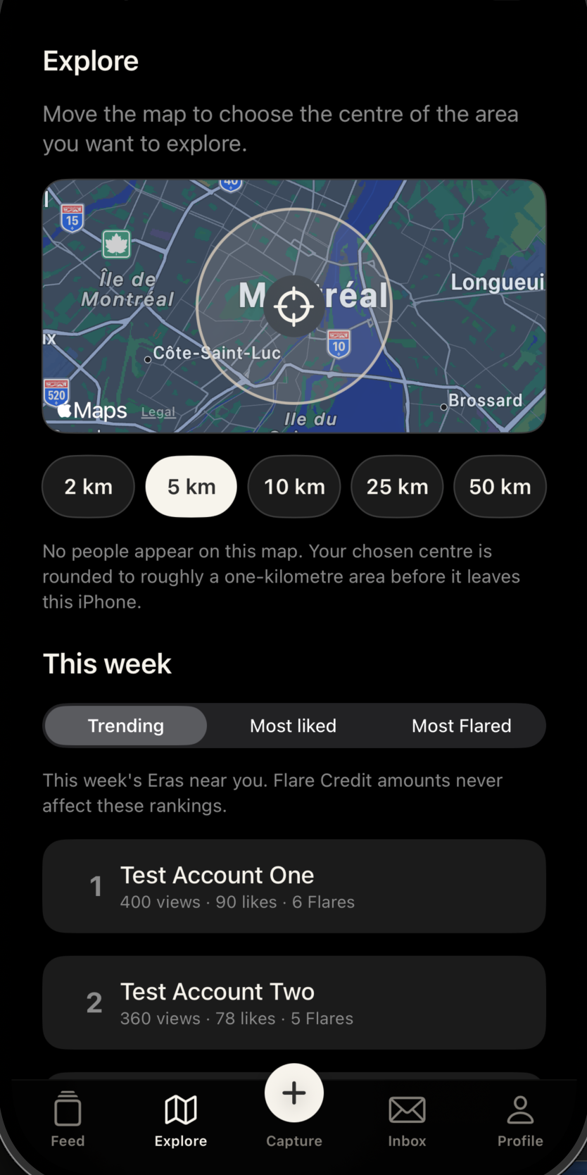 Flaera Explore showing an approximate five kilometre area around Montreal
